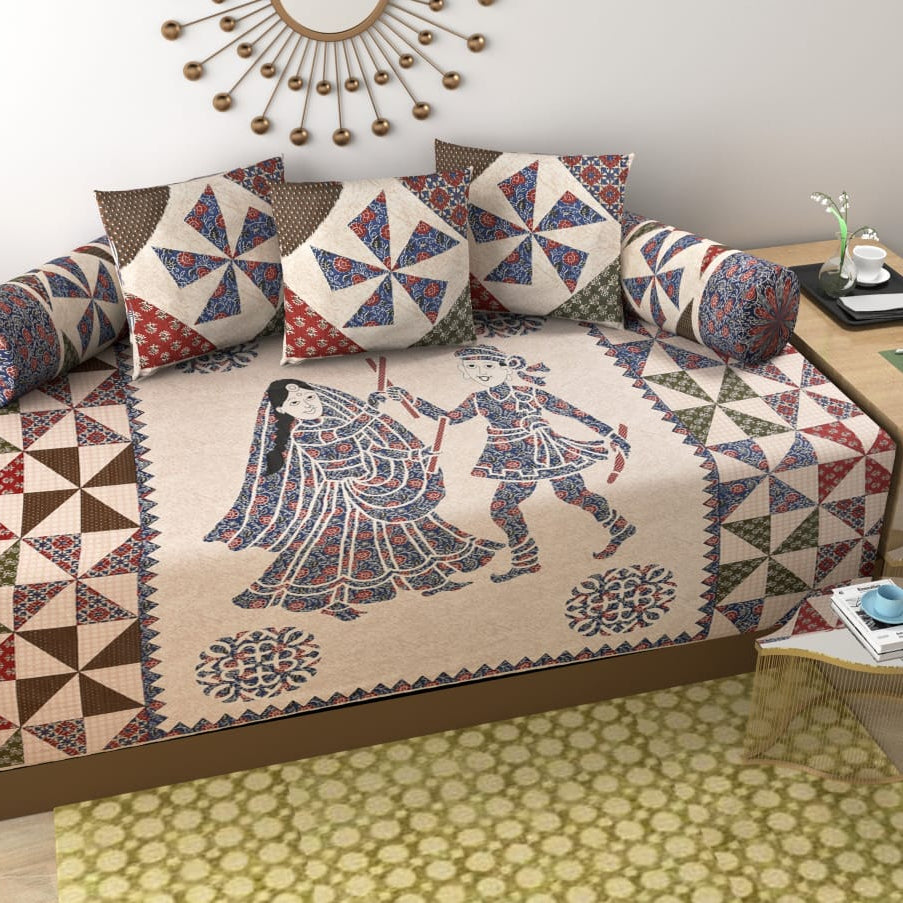 Pure Cotton Diwan Set with Traditional Folk Art Print & Patchwork Inspired Design