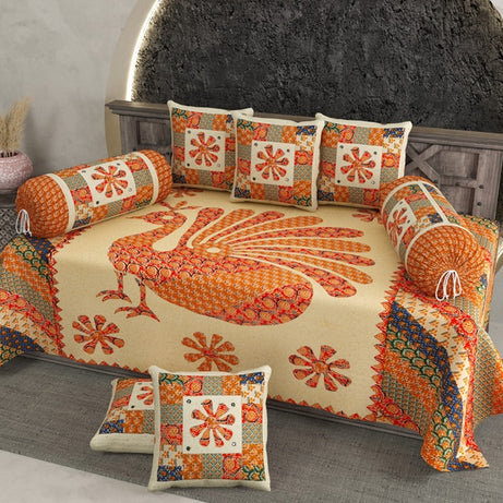 Pure Cotton Diwan Set with Peacock Print & Patchwork Inspired Design