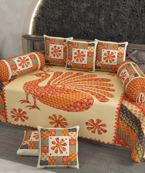 Pure Cotton Diwan Set with Peacock Print & Patchwork Inspired Design