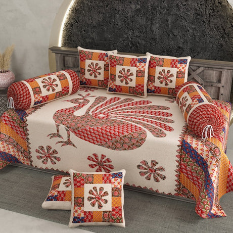 Pure Cotton Diwan Set with Peacock Print & Patchwork Inspired Design