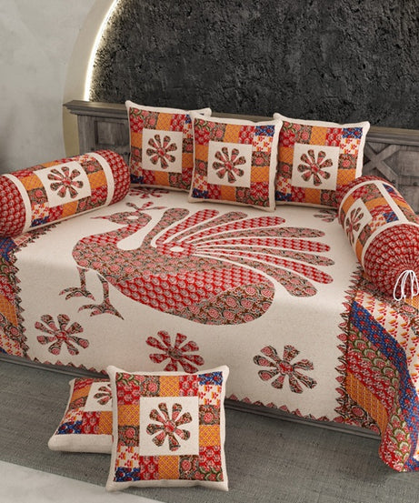 Pure Cotton Diwan Set with Peacock Print & Patchwork Inspired Design