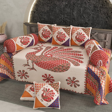 Royal Peacock Print Diwan Set – Traditional Rajasthani Artwork