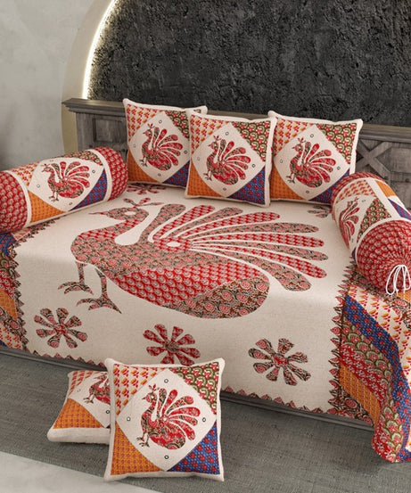Royal Peacock Print Diwan Set – Traditional Rajasthani Artwork