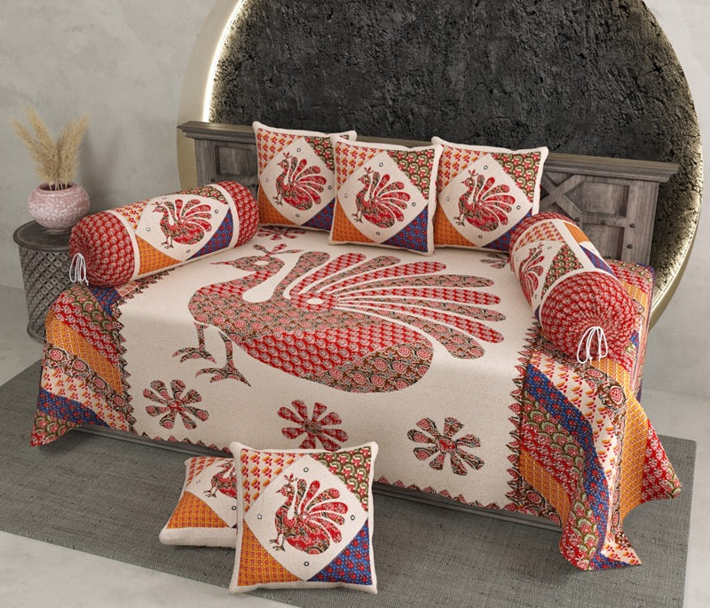 Royal Peacock Print Diwan Set – Traditional Rajasthani Artwork