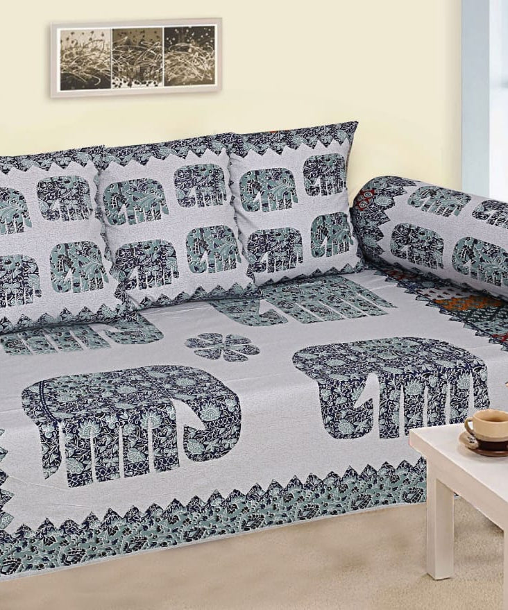 Grey Elephant Print Diwan Set – Traditional Rajasthani Pattern