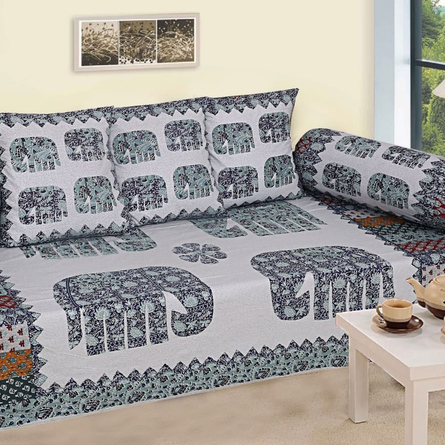 Grey Elephant Print Diwan Set – Traditional Rajasthani Pattern