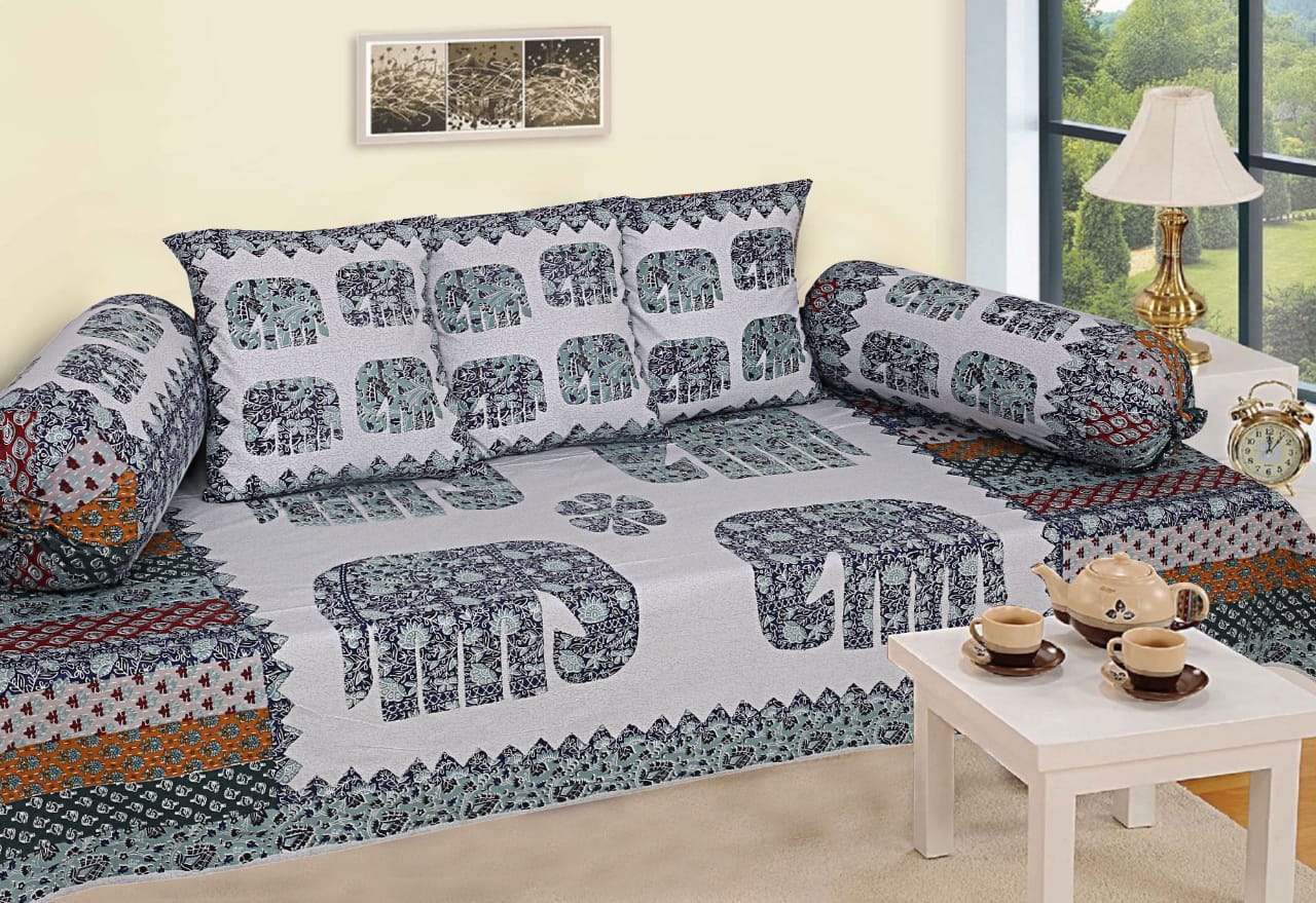 Grey Elephant Print Diwan Set – Traditional Rajasthani Pattern
