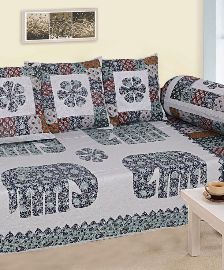 Elephant Motif Diwan Set – Traditional Ethnic Patchwork Design