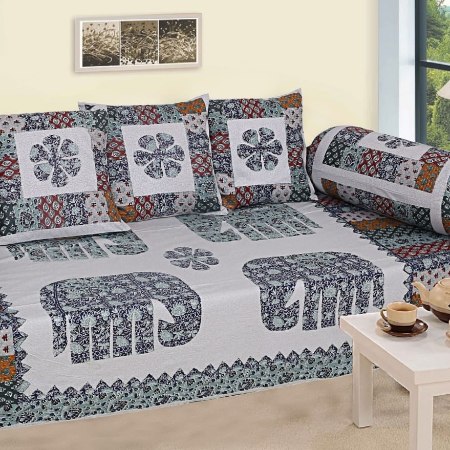 Elephant Motif Diwan Set – Traditional Ethnic Patchwork Design