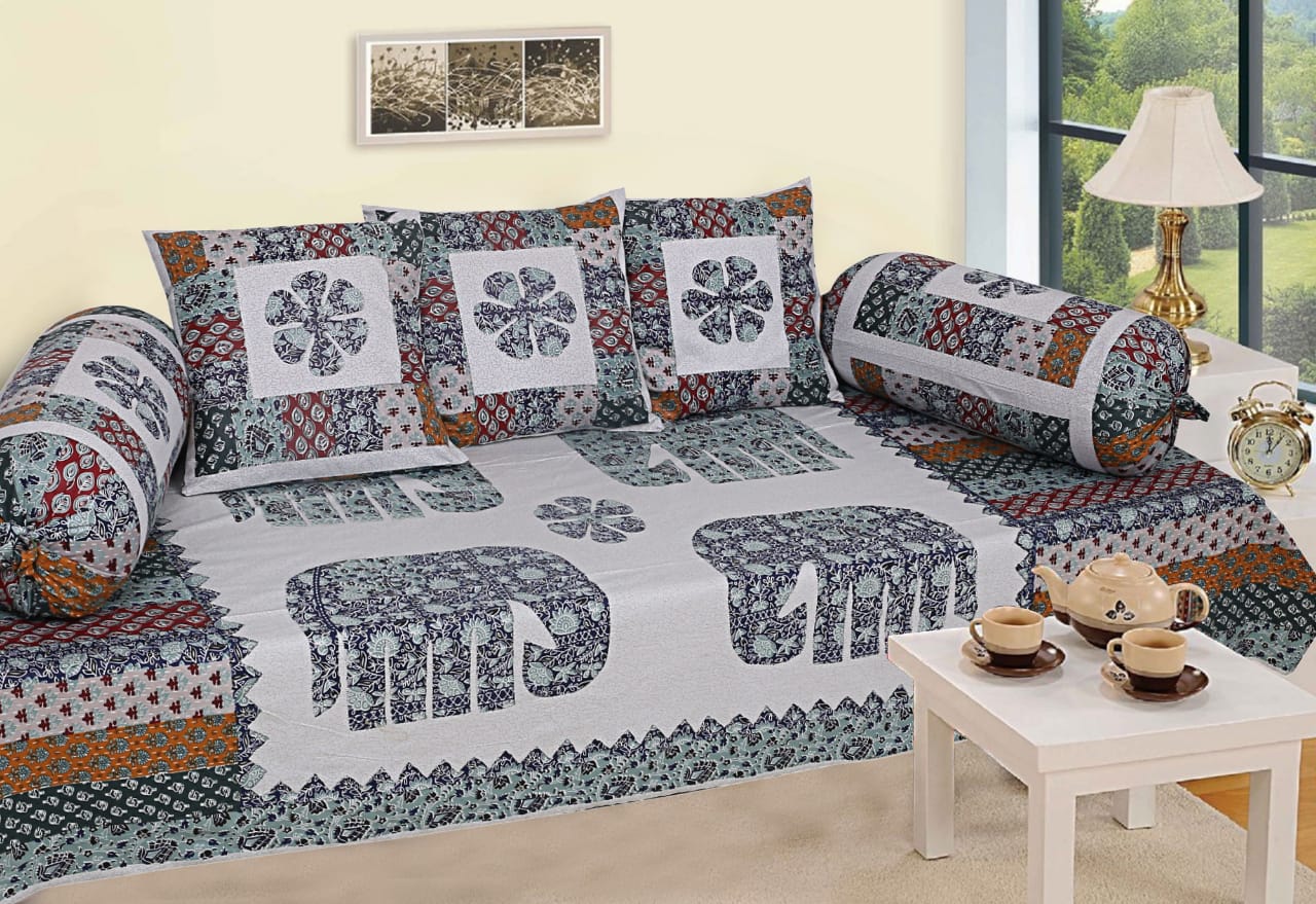 Elephant Motif Diwan Set – Traditional Ethnic Patchwork Design