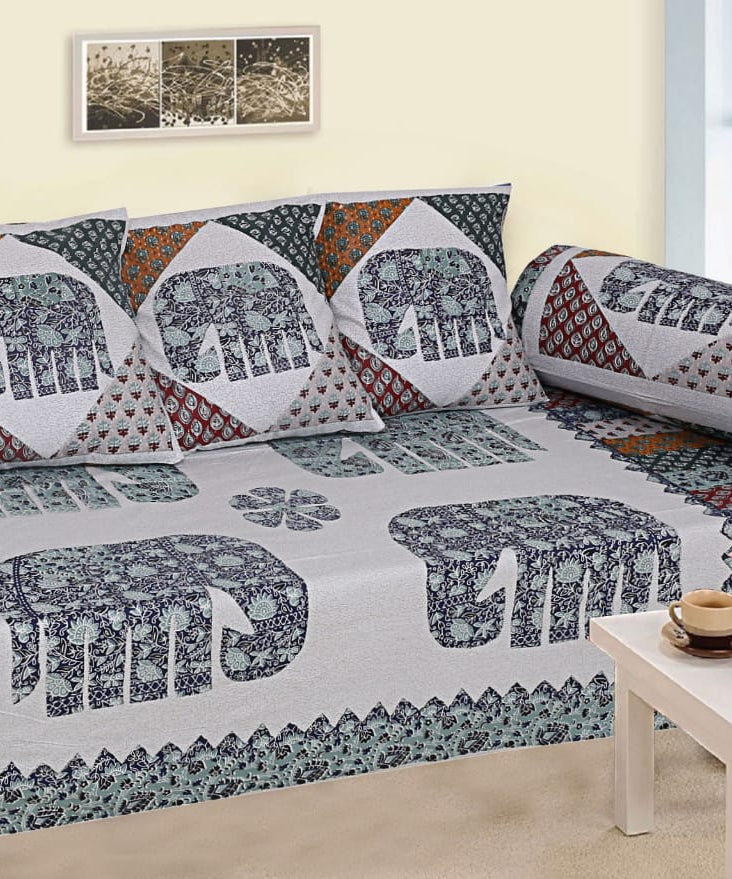 Elephant Motif Patchwork Diwan Set – Traditional Ethnic Design