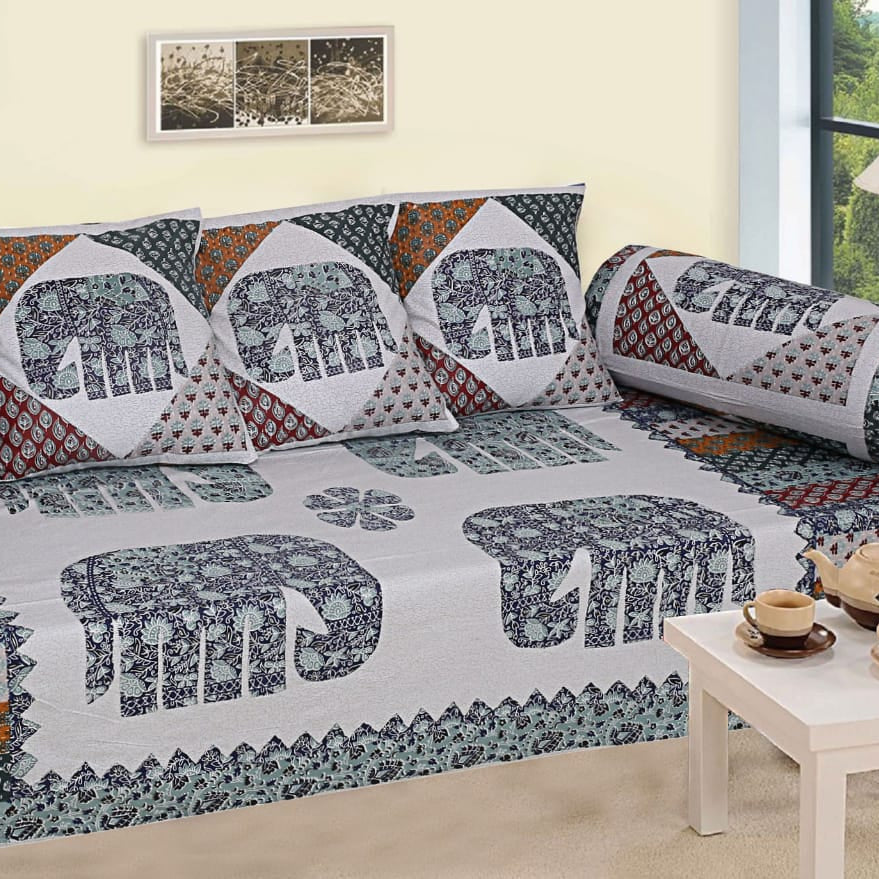 Elephant Motif Patchwork Diwan Set – Traditional Ethnic Design