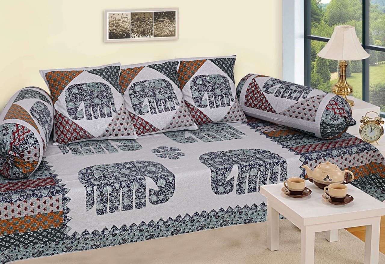 Elephant Motif Patchwork Diwan Set – Traditional Ethnic Design