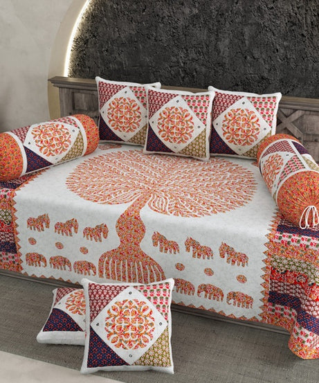 Tree of Life Elephant Print Diwan Set – Ethnic Floral Design