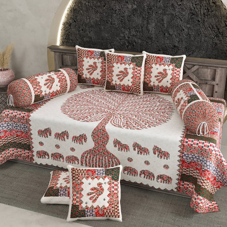 Red Tree of Life Elephant Print Diwan Set
