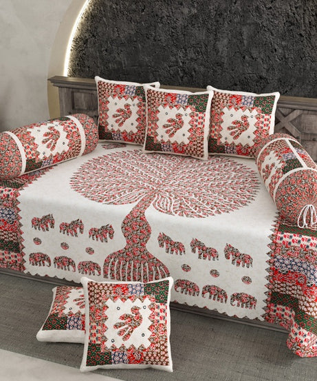 Red Tree of Life Elephant Print Diwan Set