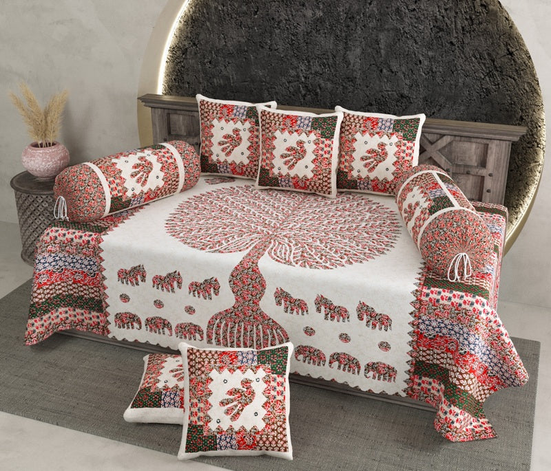 Red Tree of Life Elephant Print Diwan Set