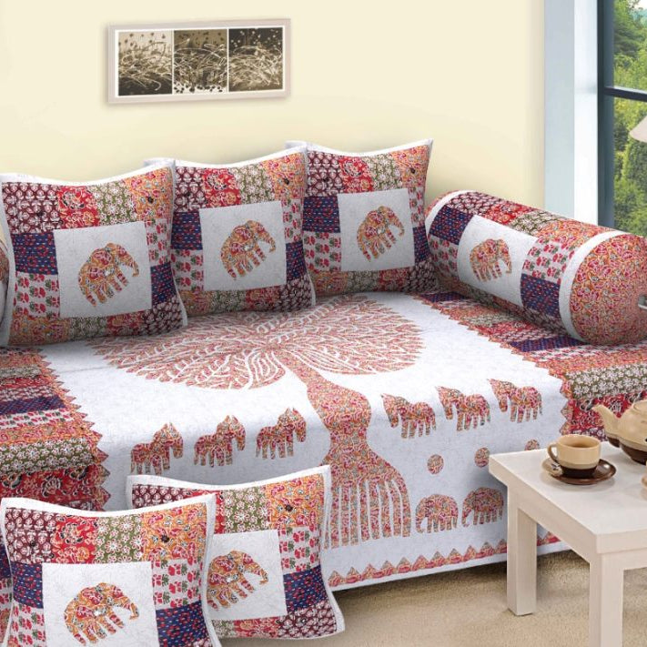Multicolor Tree of Life Elephant Print Diwan Set