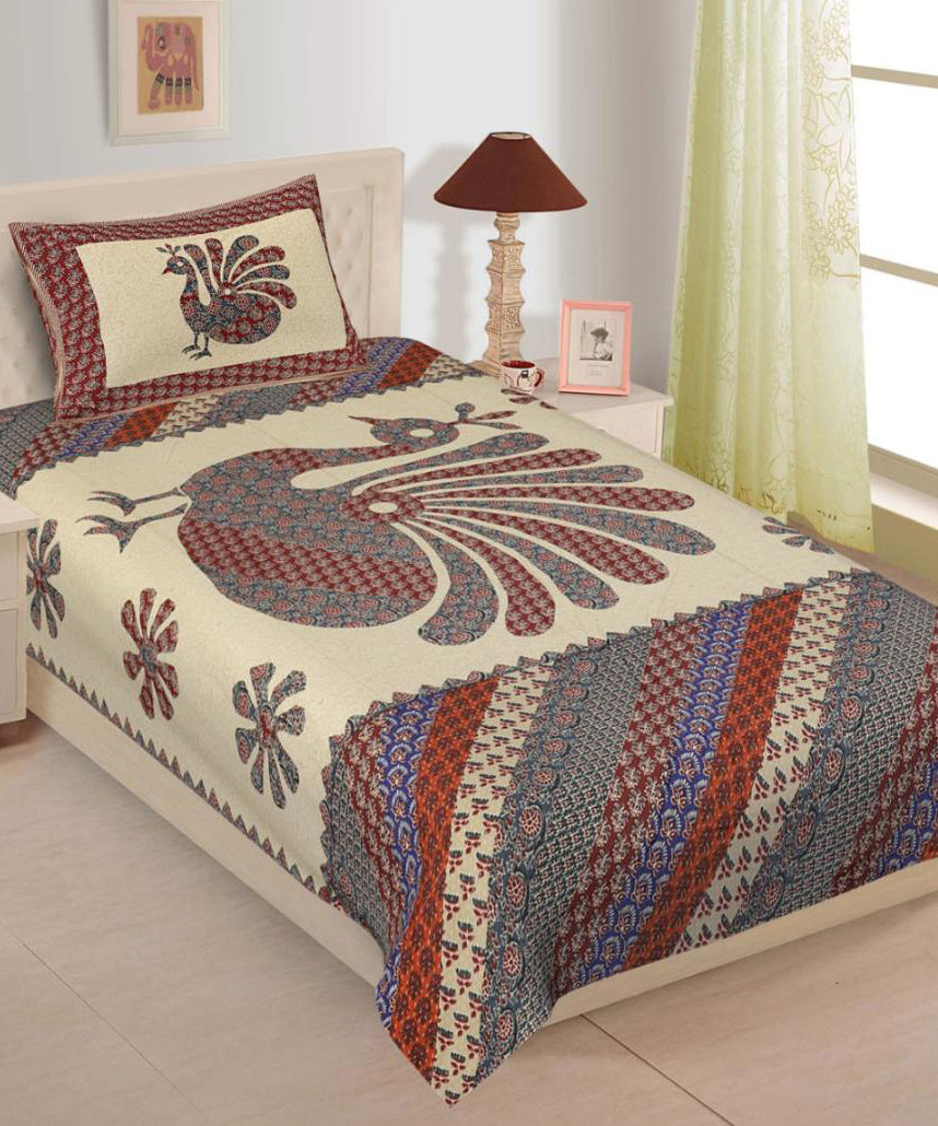 Main Title Peacock Print Cotton Single Bedsheet