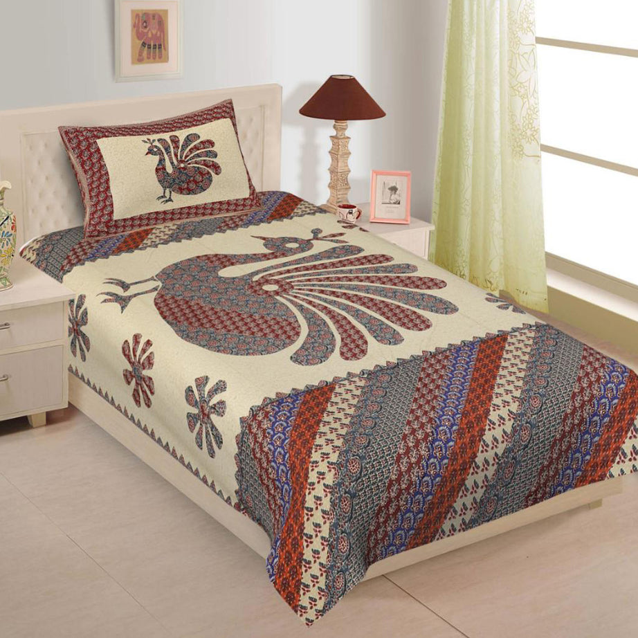 Main Title Peacock Print Cotton Single Bedsheet