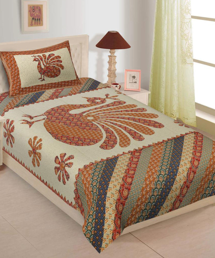 Heritage Peacock Cotton Single Bedsheet
