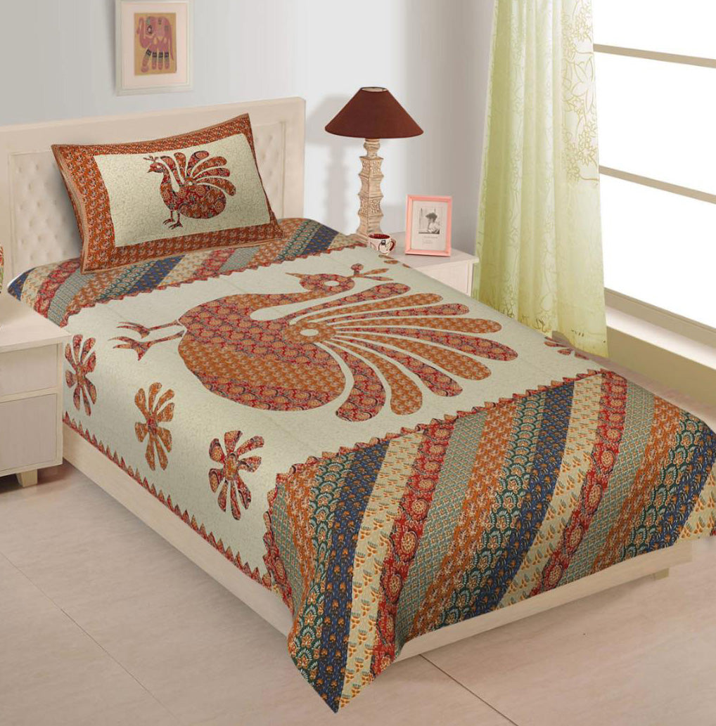 Heritage Peacock Cotton Single Bedsheet