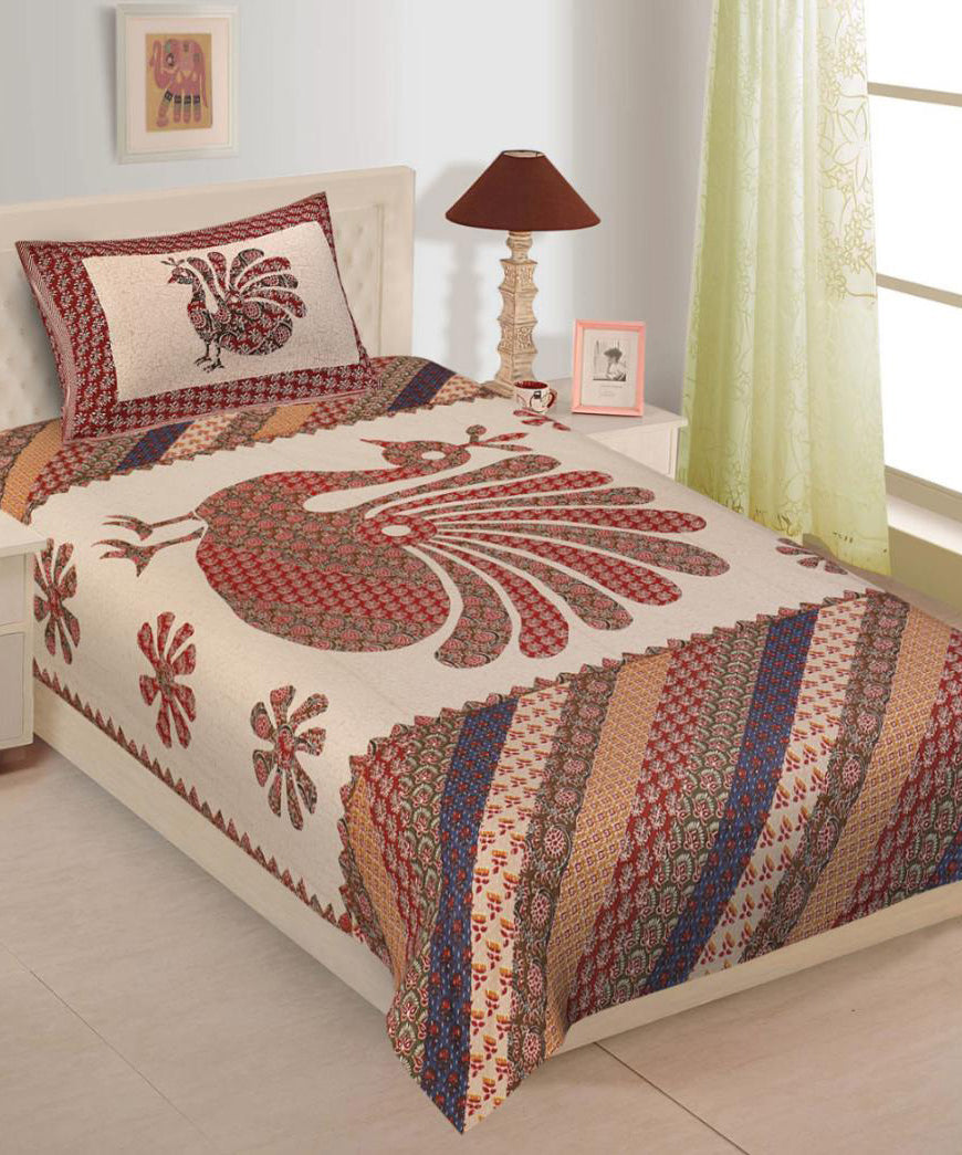 Crimson Peacock Cotton Single Bedsheet