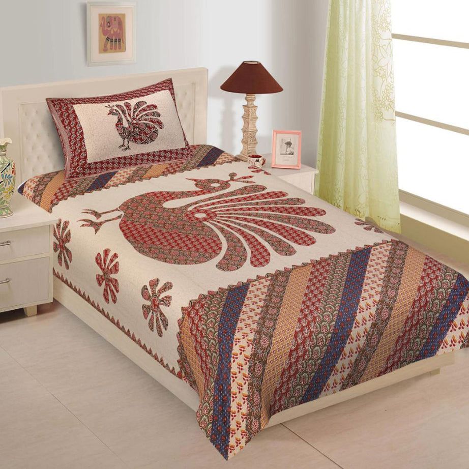 Crimson Peacock Cotton Single Bedsheet