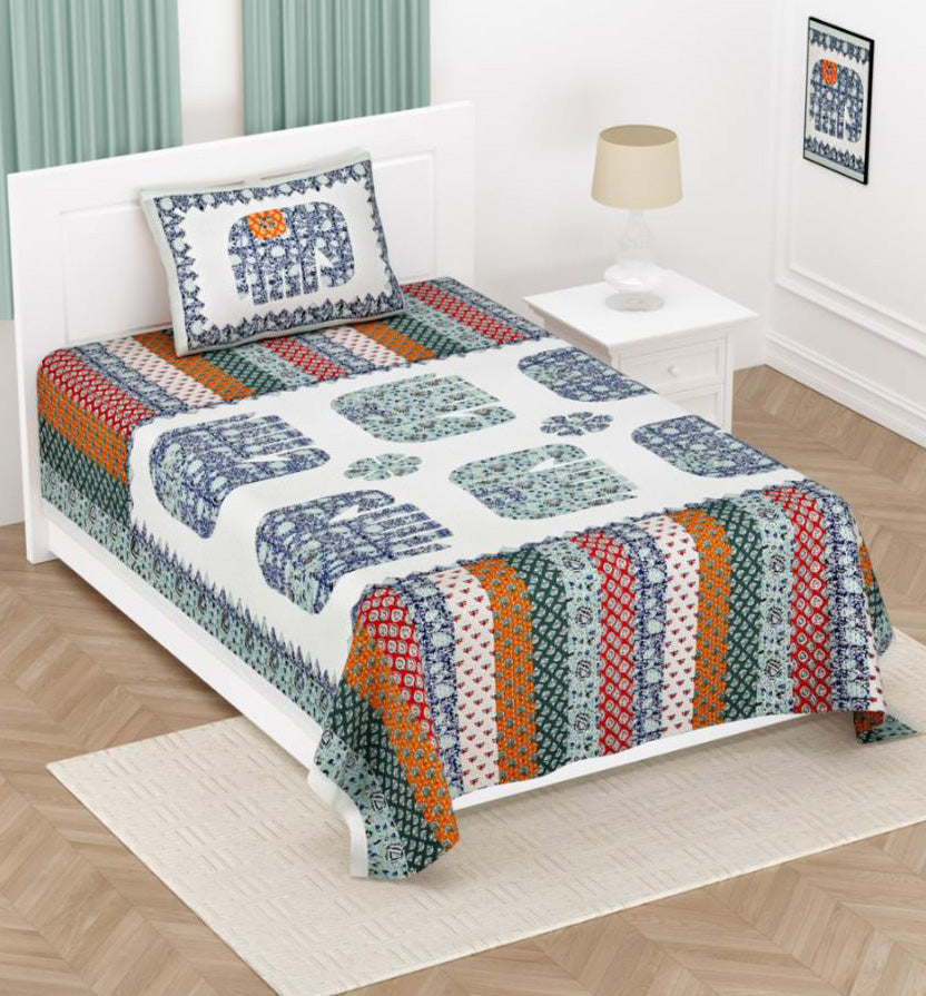Indigo Elephant Cotton Single Bedsheet