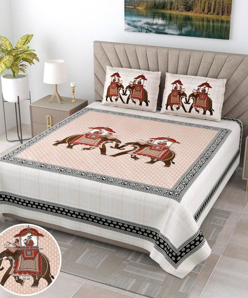 Pure Cotton King Size Bedsheet - Elephant Print Beige