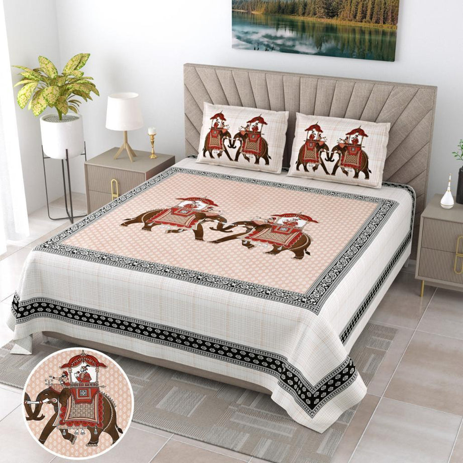 Pure Cotton King Size Bedsheet 108x108 inch- Elephant Print Beige