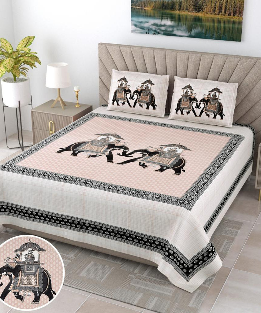 Pure Cotton King Size Bedsheet – Elephant Print Pink