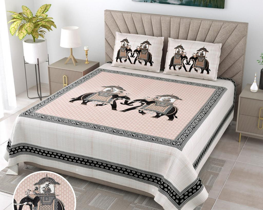 Pure Cotton King Size Bedsheet – Elephant Print Pink