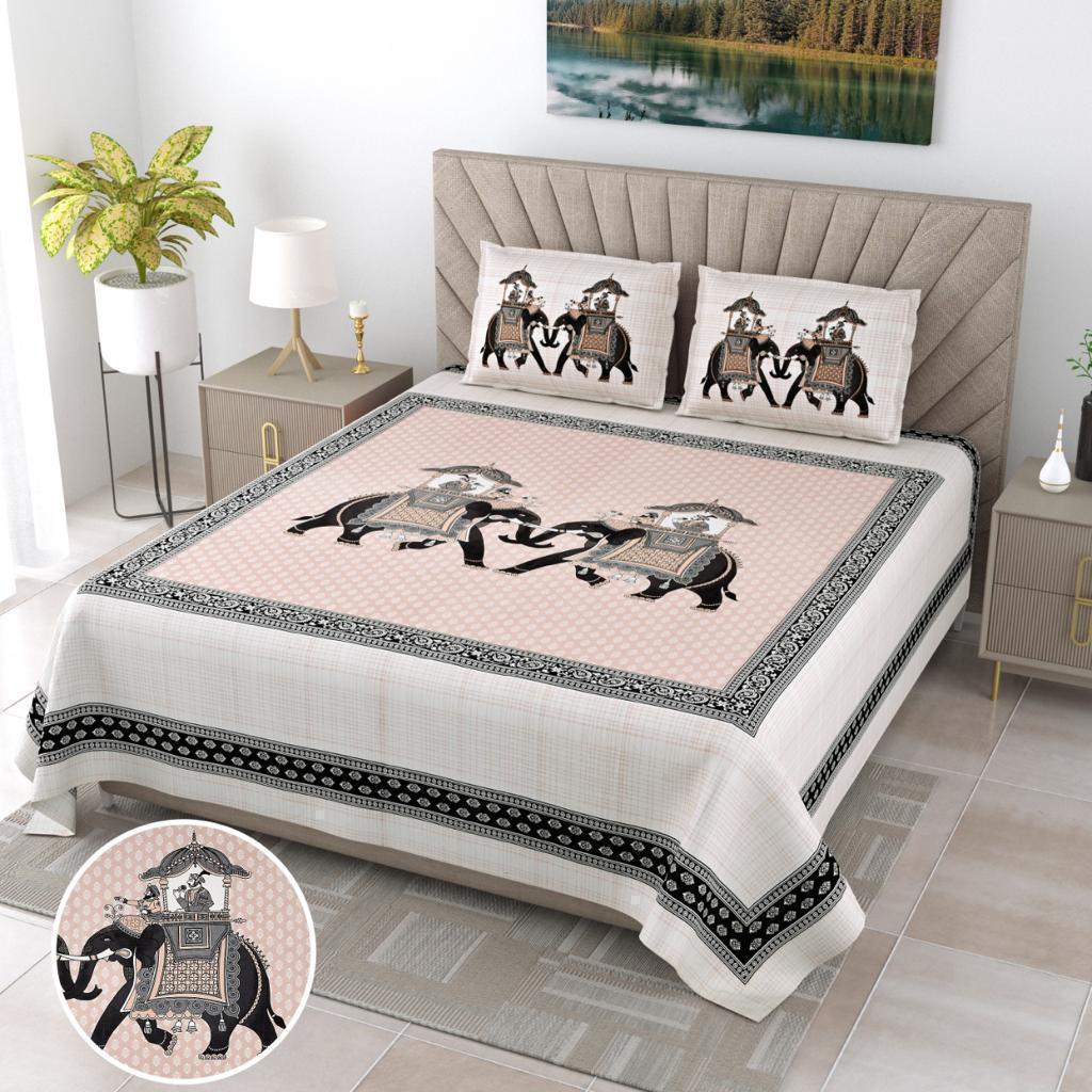 Pure Cotton King Size Bedsheet – Elephant Print Pink