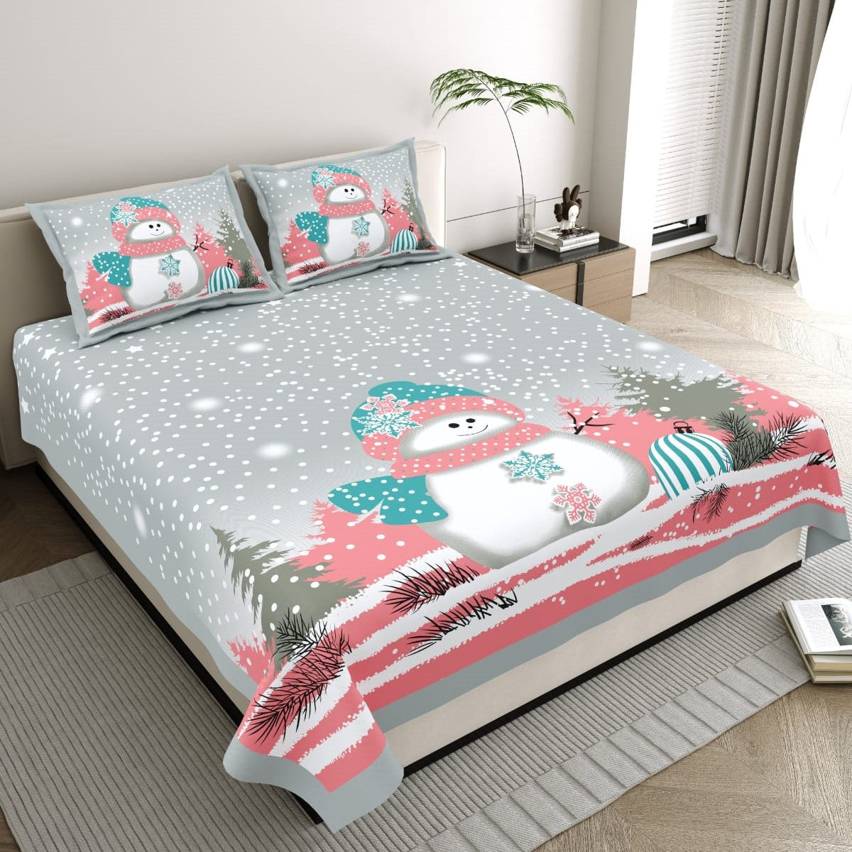Snowman Winter Print King Size Bedsheet 100x108 Inch