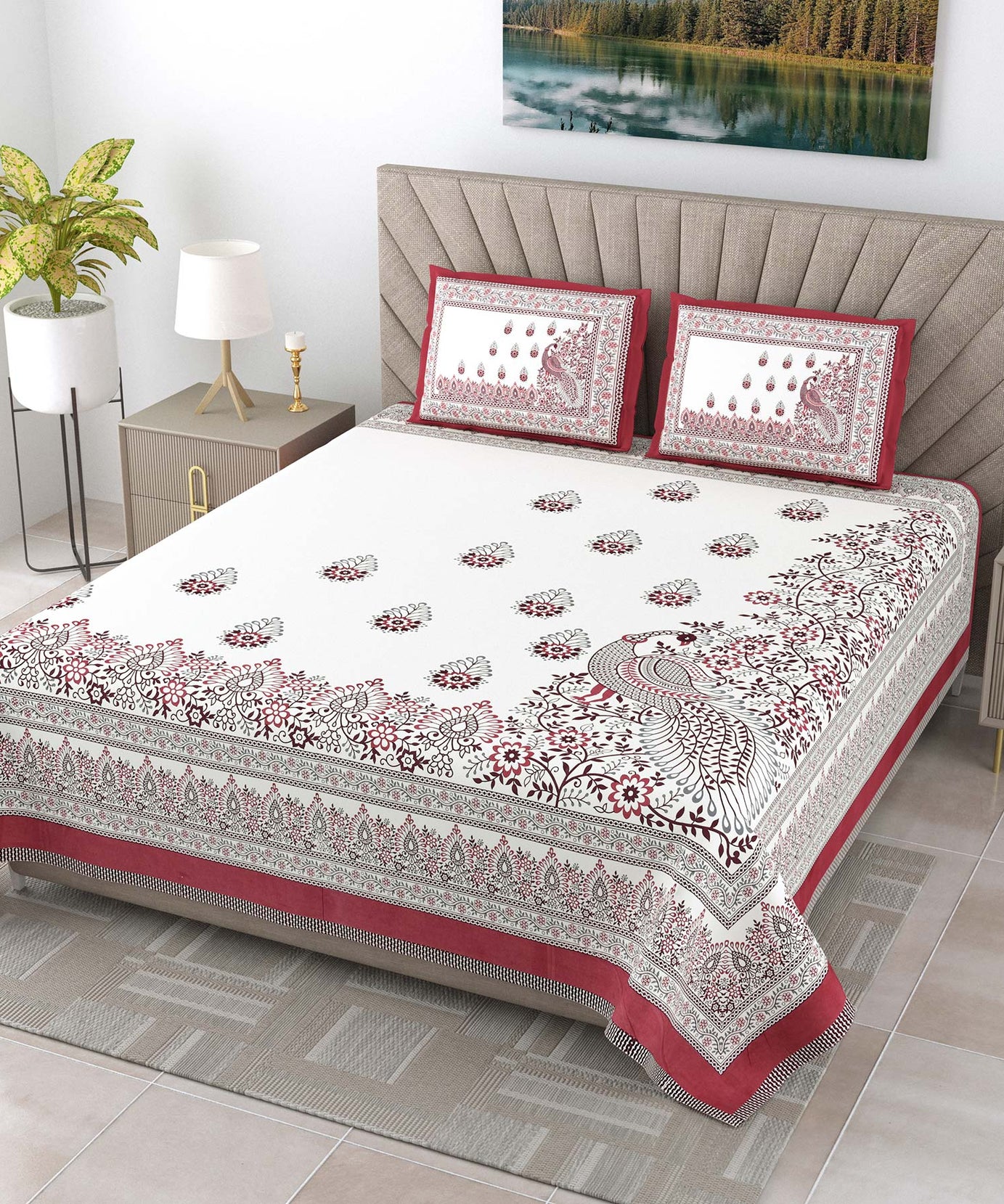 Pure Cotton King Size Bedsheet | White Peacock Print