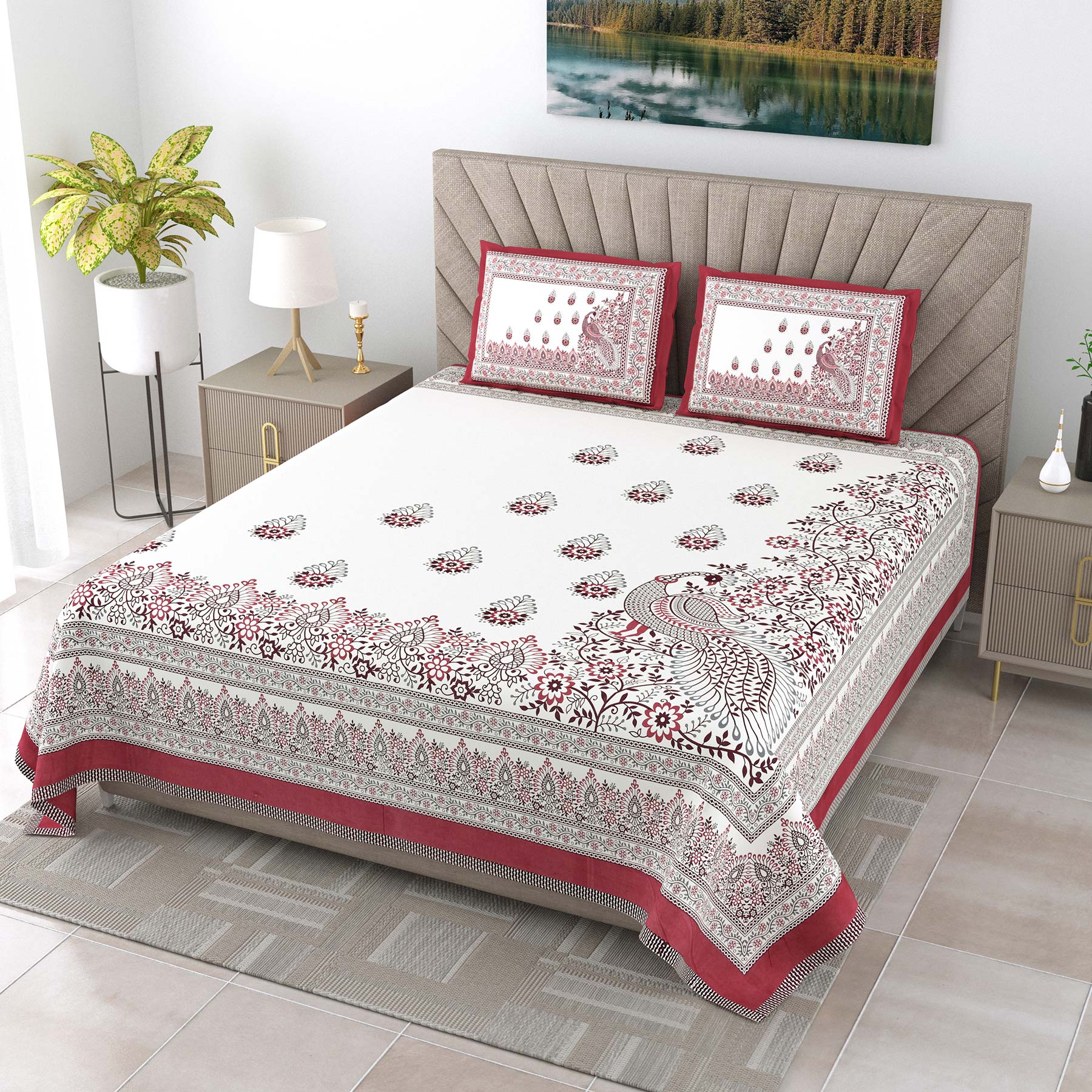 Pure Cotton King Size Bedsheet 108x108 Inch | White Peacock Print