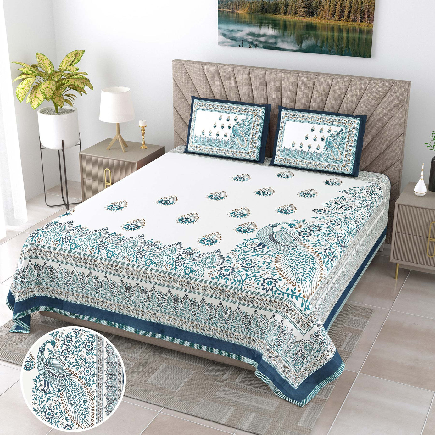 Royal Peacock Floral Print King Size Bedsheet with 2 Pillow Covers – 100x108 Inch