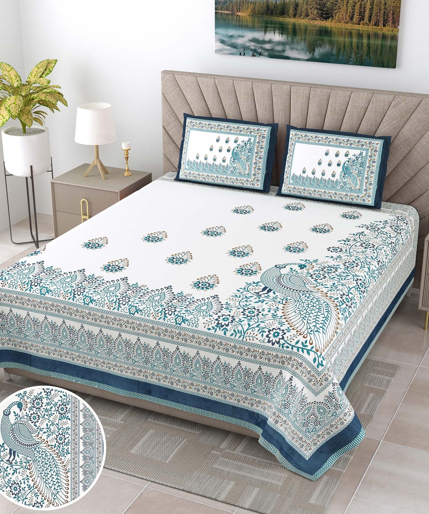 Royal Peacock Floral Print King Size Bedsheet with 2 Pillow Covers