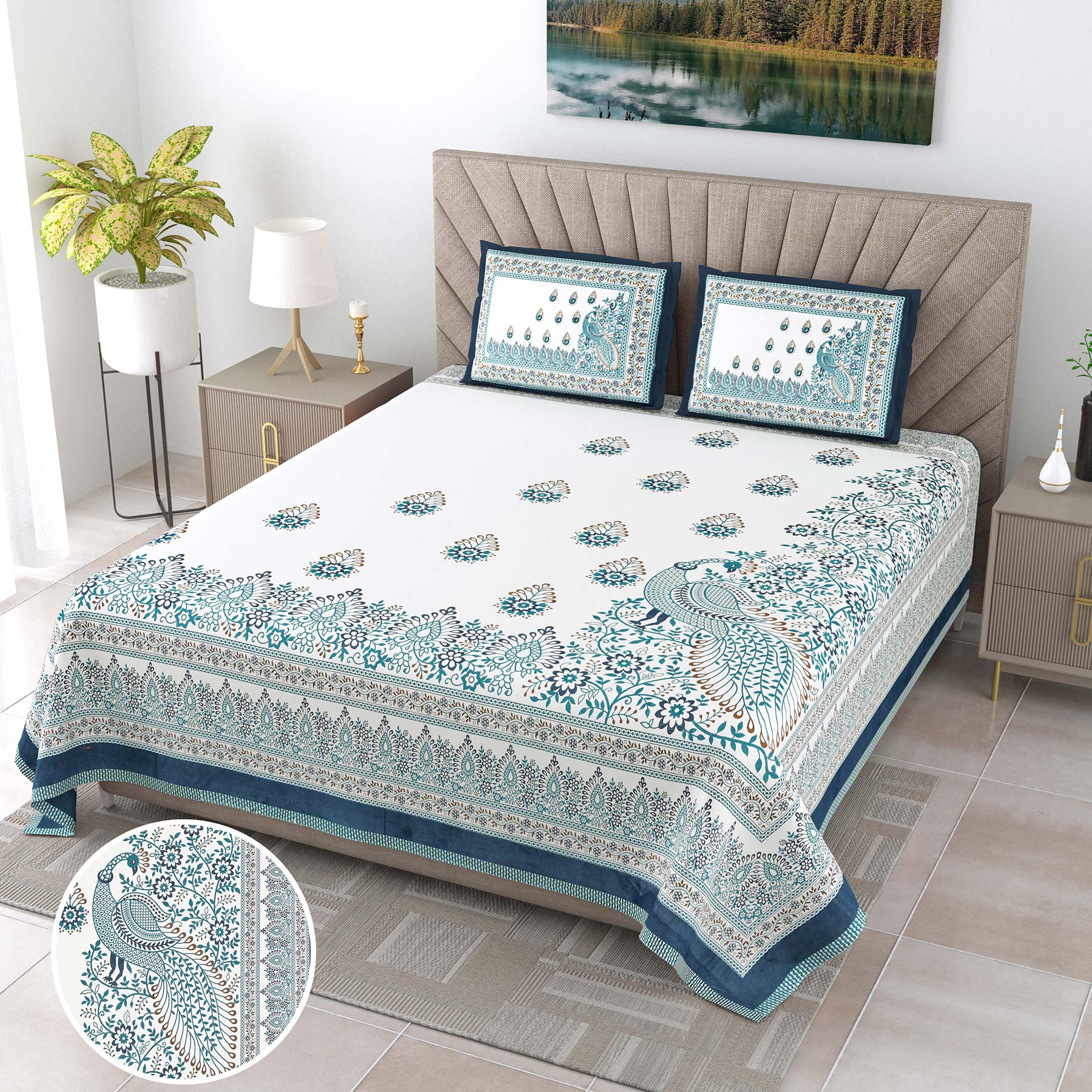 Royal Peacock Floral Print King Size Bedsheet with 2 Pillow Covers – 100x108 Inch