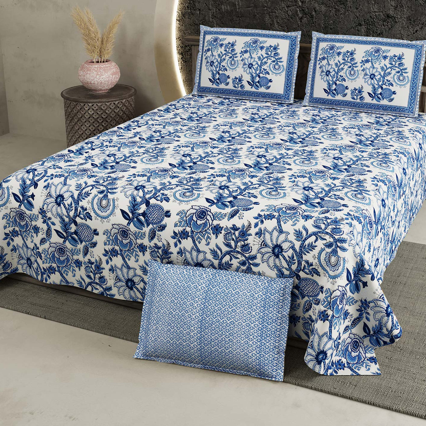 Blue Floral Pure Cotton King Size Bedsheet 108x108 Inch