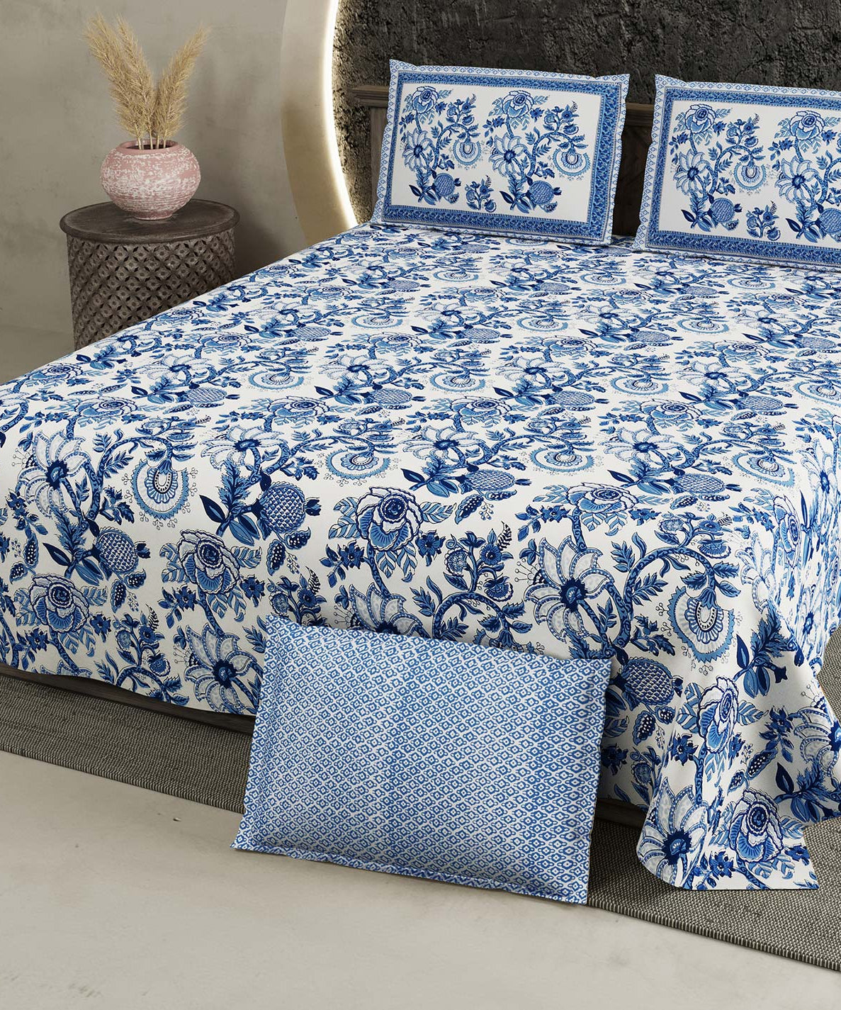 Blue Floral Pure Cotton King Size Bedsheet