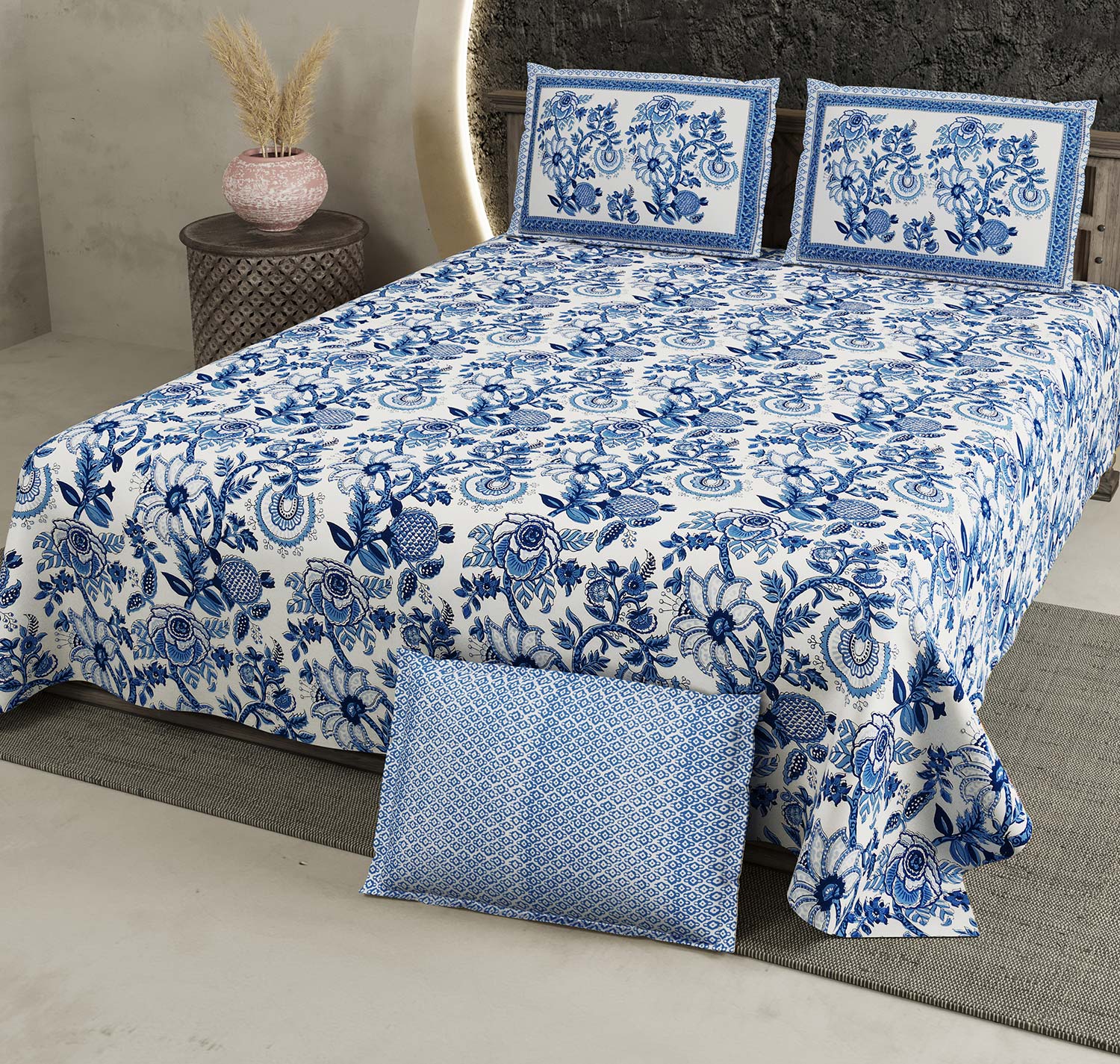 Blue Floral Pure Cotton King Size Bedsheet 108x108 Inch