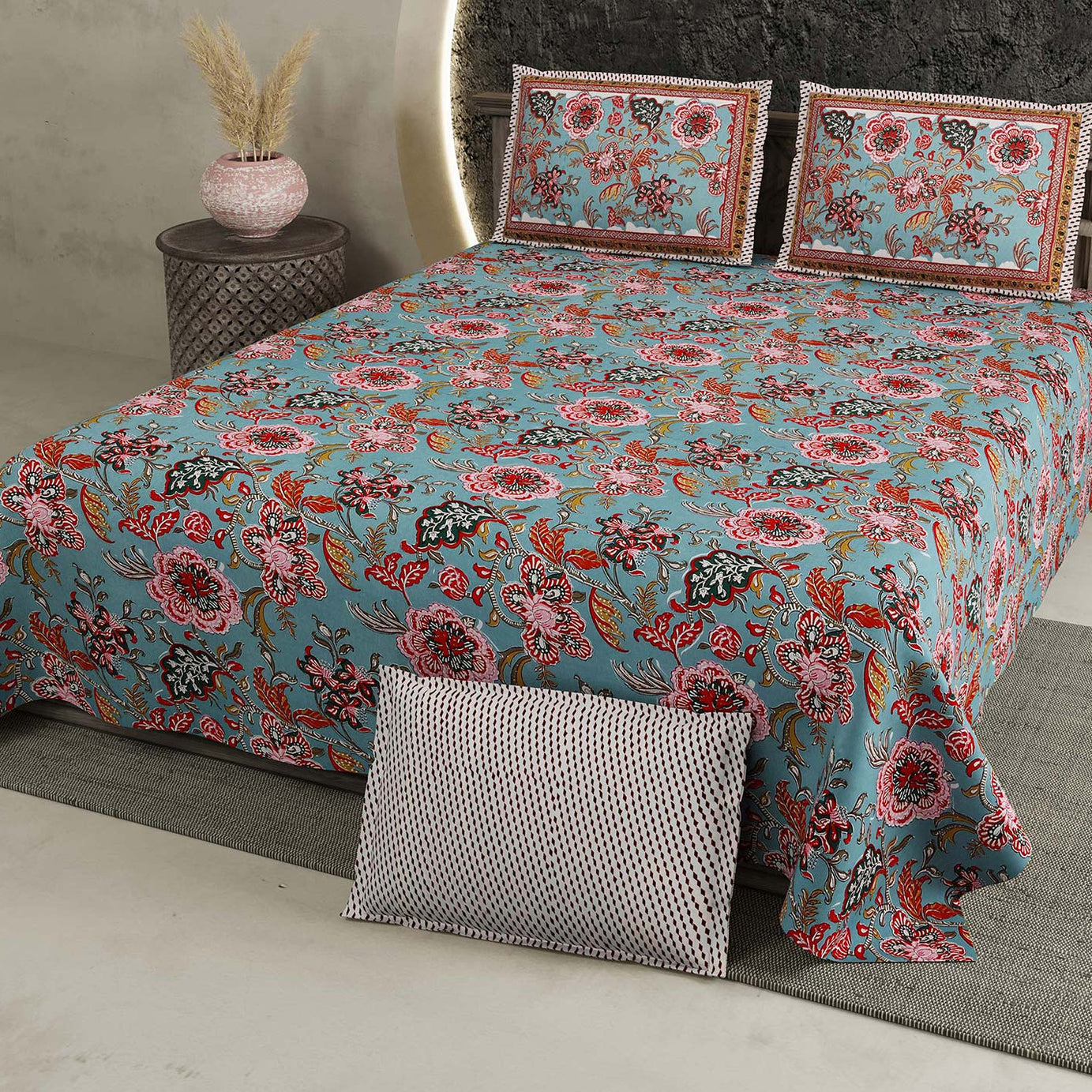 Sky Blue Floral Pure Cotton King Size Bedsheet 108x108 Inch