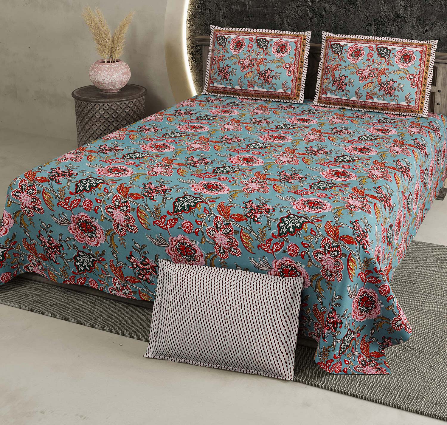 Sky Blue Floral Pure Cotton King Size Bedsheet 108x108 Inch