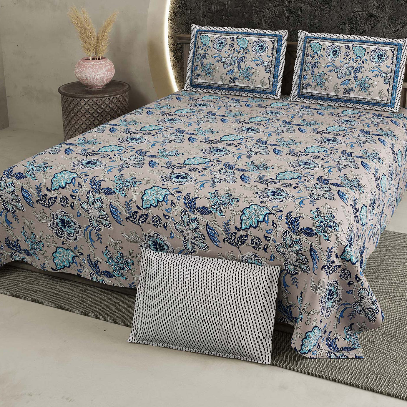 Gray Blue Floral Pure Cotton King Size Bedsheet 108x108 Inch