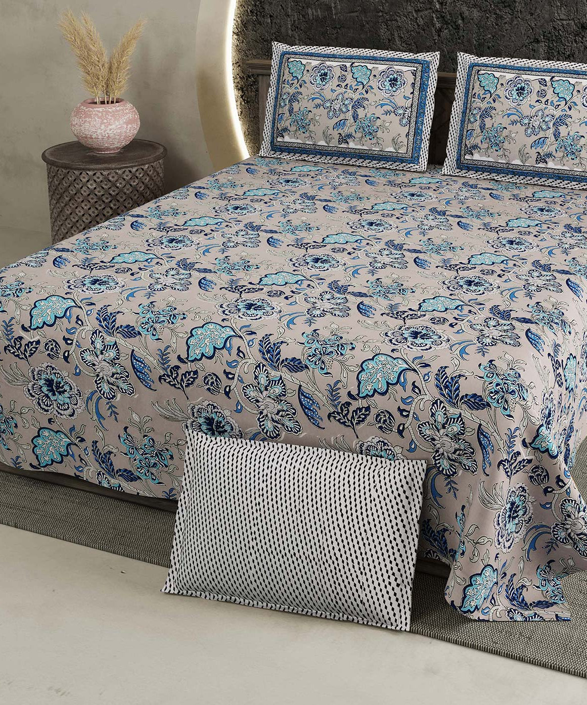 Gray Blue Floral Pure Cotton King Size Bedsheet