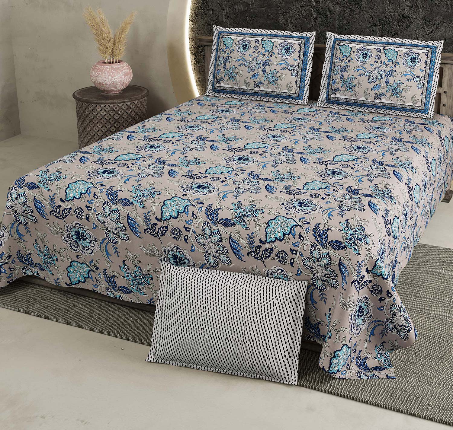 Gray Blue Floral Pure Cotton King Size Bedsheet 108x108 Inch