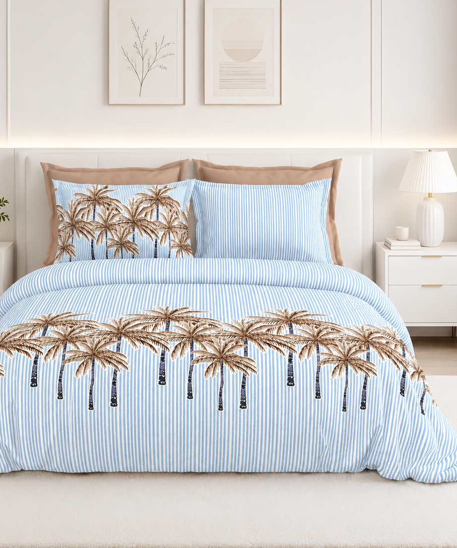 Blue Palm Stripe Premium Cotton Bedsheet Set