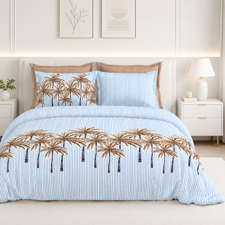 Blue Palm Stripe Premium Cotton Bedsheet Set